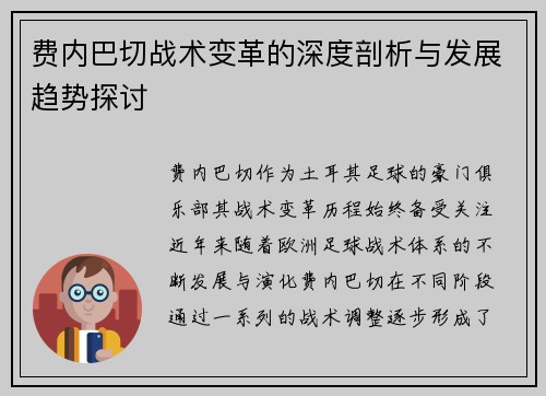 费内巴切战术变革的深度剖析与发展趋势探讨 费内巴切战术变革的深度剖析与发展趋势探讨