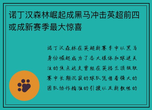诺丁汉森林崛起成黑马冲击英超前四或成新赛季最大惊喜 诺丁汉森林崛起成黑马冲击英超前四或成新赛季最大惊喜