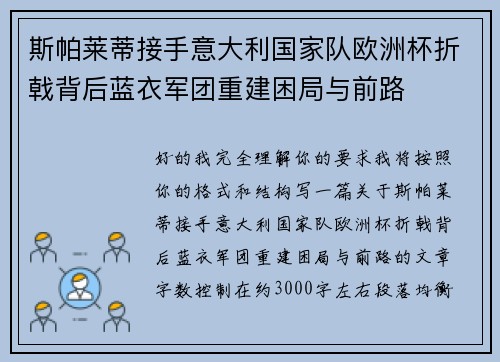 斯帕莱蒂接手意大利国家队欧洲杯折戟背后蓝衣军团重建困局与前路 斯帕莱蒂接手意大利国家队欧洲杯折戟背后蓝衣军团重建困局与前路
