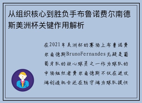 从组织核心到胜负手布鲁诺费尔南德斯美洲杯关键作用解析